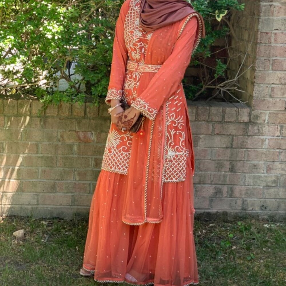 Standout Sharara in Orange and Crystal and Silver Detailing